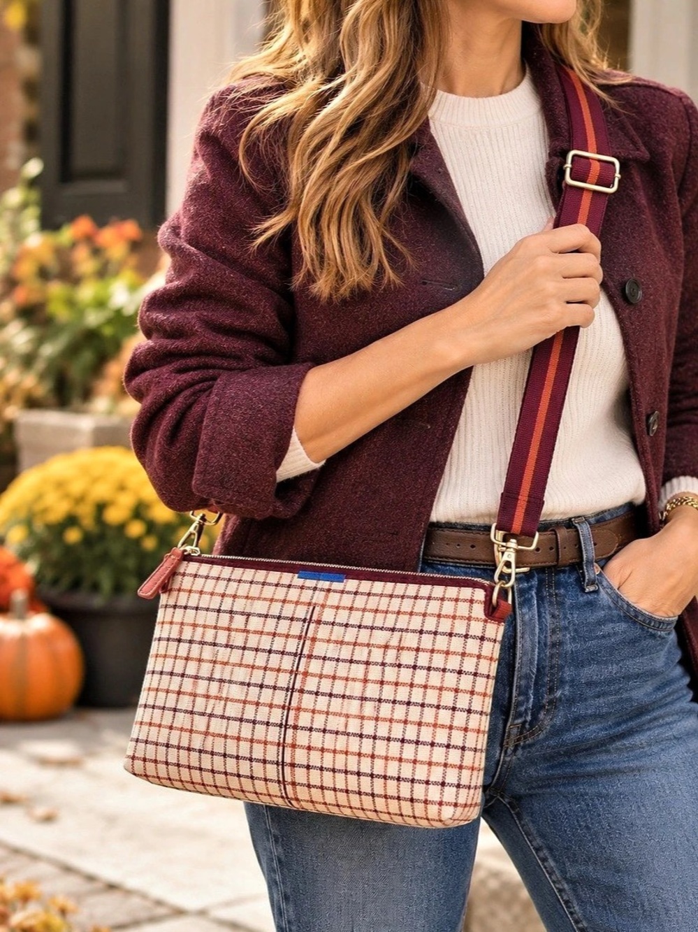 Rothy’s Plaid Crossbody Bag in Pink & White